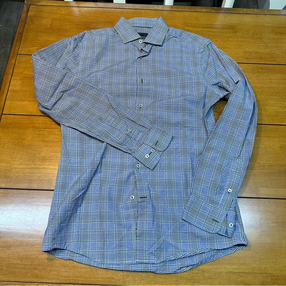 H&M Men's White, Blue, and Green Plaid Dress Shirt